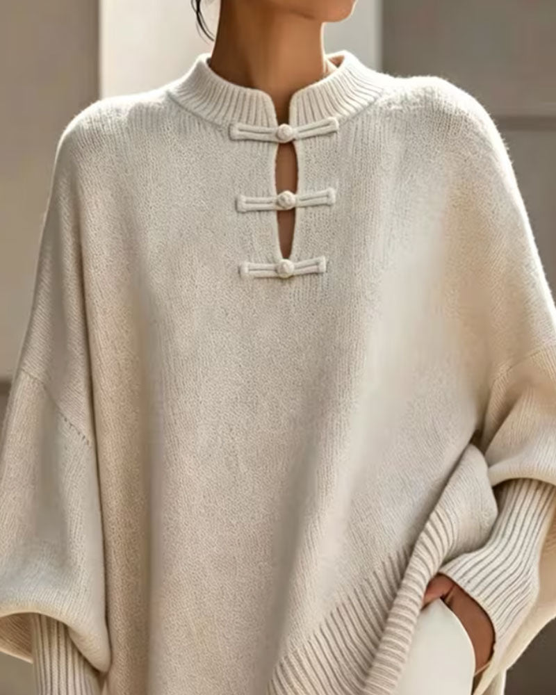 Mandarin Knot Button Loose Fit Cape Pullover