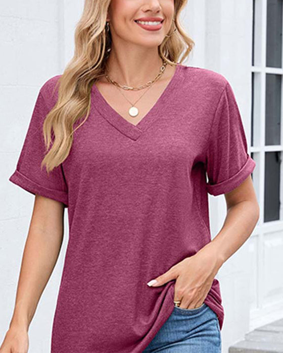 Solid V-Neck Casual Short Sleeve T-Shirt
