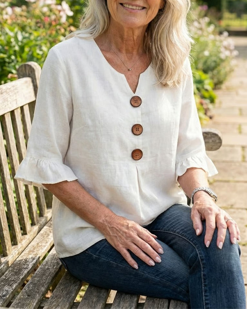 Solid-Color Cotton-Linen Wooden Buttons Ruffles Blouses