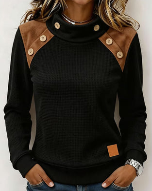 Shoulder Button Spliced Mock Neck Sweatshirt
