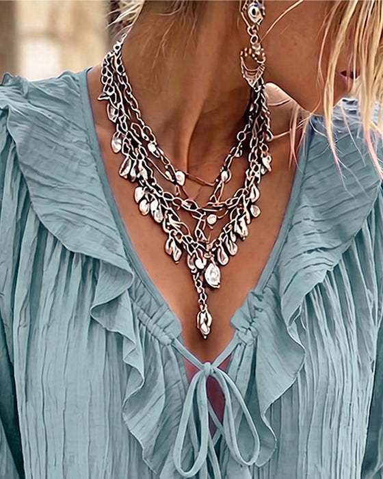 Ruffle Trim Lace-Up Long Sleeve Blouse