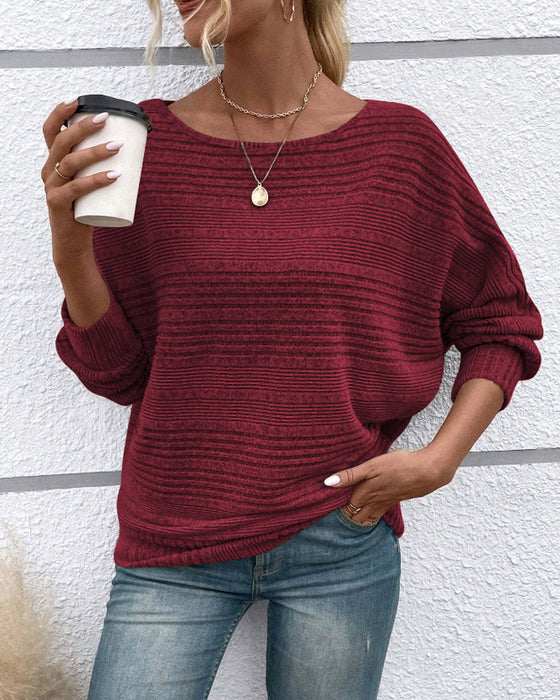 Solid Color Round Neck Long Sleeve Striped Top