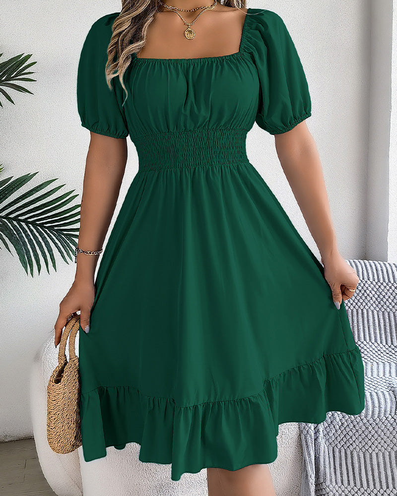Square Neck Cinched Waist Ruffle A-Line Dress