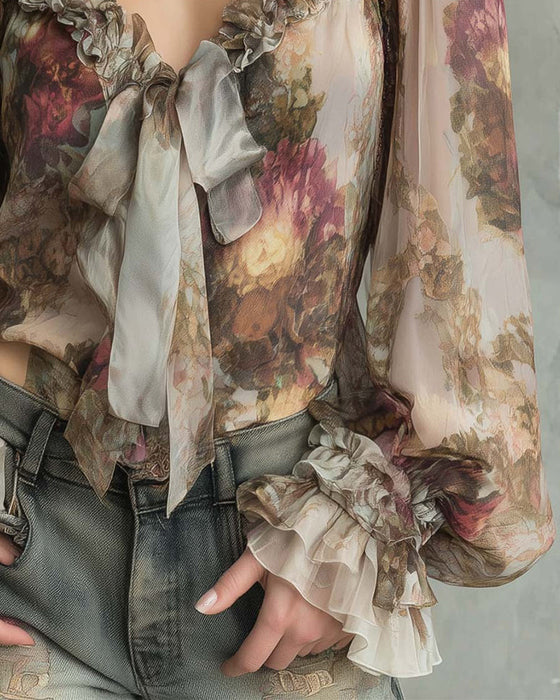Lotus-Print Elegant Blouse