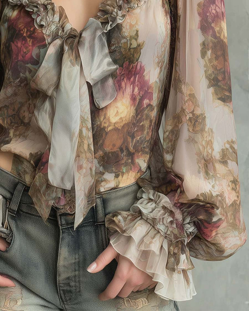 Lotus-Print Elegant Blouse