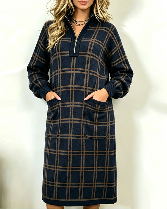 Zipped Plaid Pocket Dress