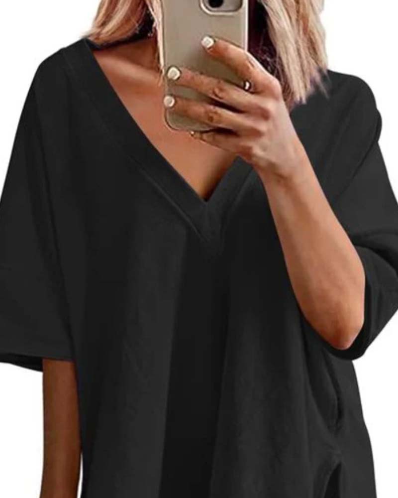 Solid Color V-Neck Sportswear Two-Piece Set