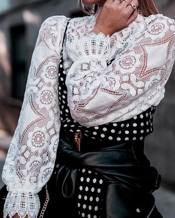 Sexy See-Through Long-Sleeved Stand-Collar Lace Blouse