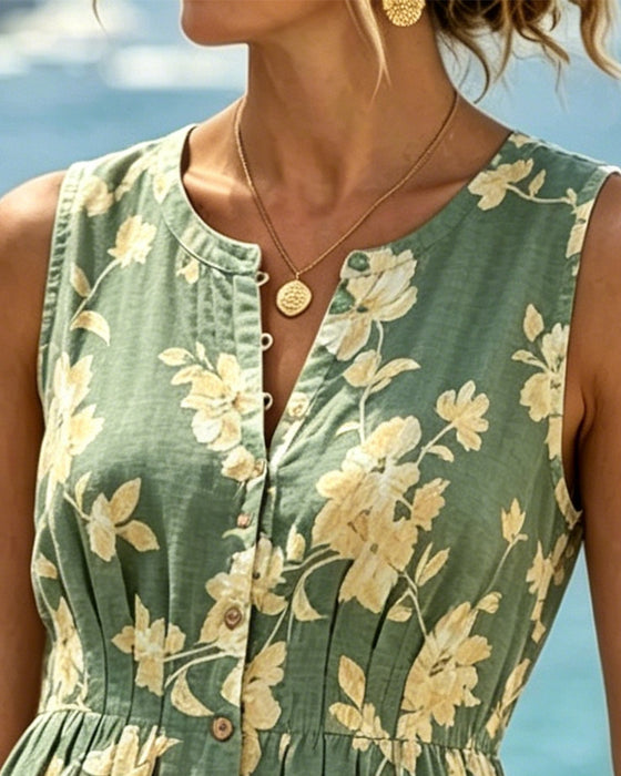 Crew Neck Sleeveless Button Floral Dress