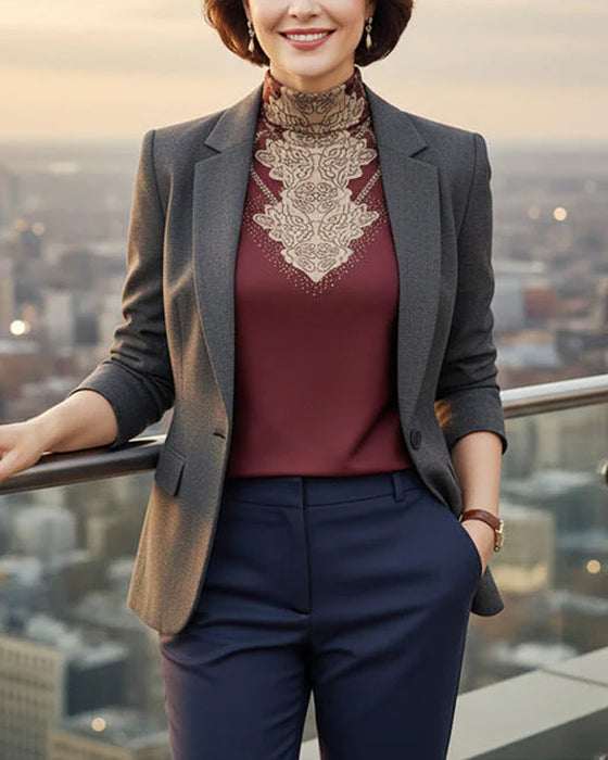 Elegant Printed Fitted Women's Stand Collar Top