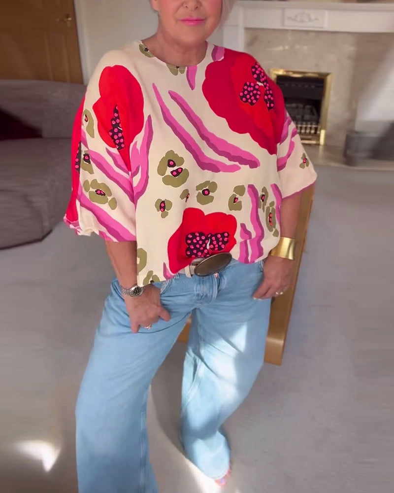 Round neck printed half-sleeve casual top