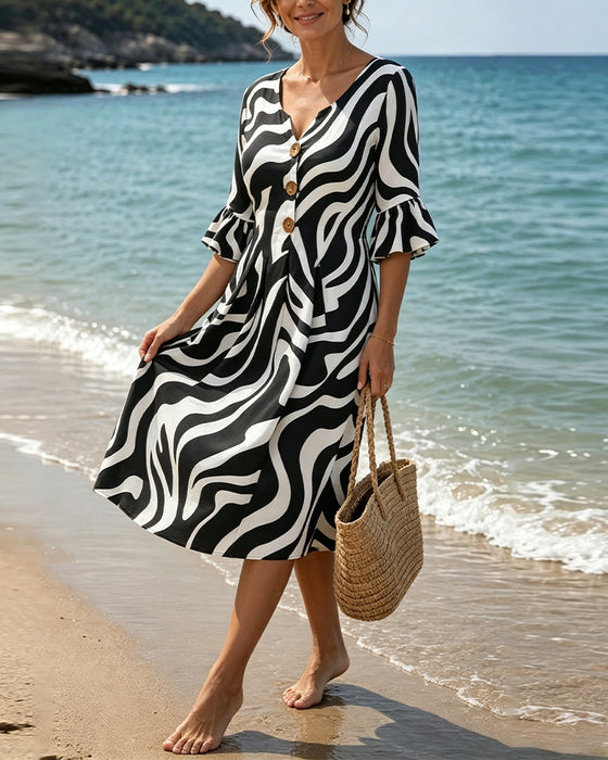 V-Neck Button Zebra Loose Dresses