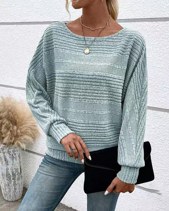 Solid Color Round Neck Long Sleeve Striped Top