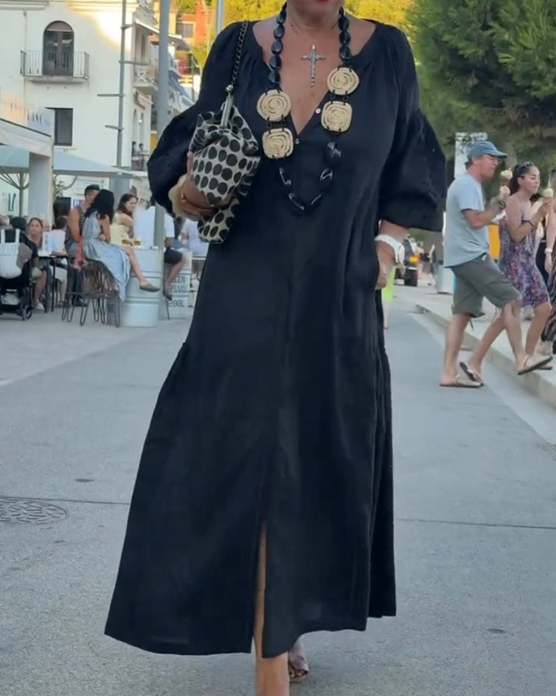 V-Neck Pocket Full Skirt Loose Solid Dress