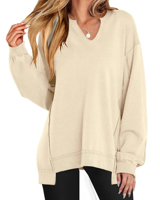 V-Neck Solid Color Loose Sweatshirt