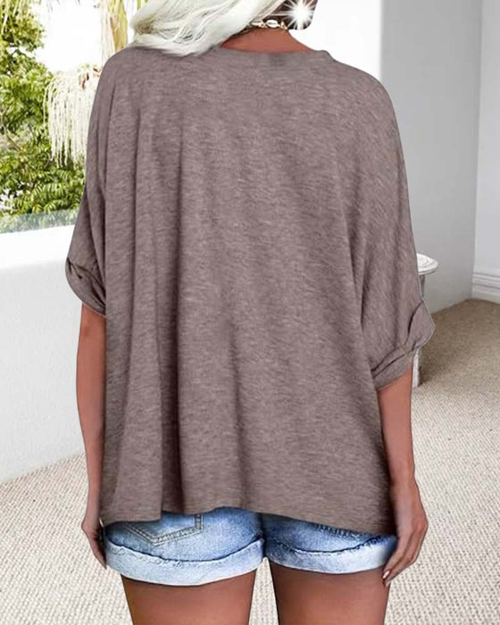 V-Neck Rolled-Hem Short-Sleeved Loose T-Shirt
