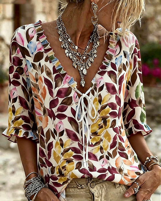 Casual Print Ruffle Sleeve Blouse