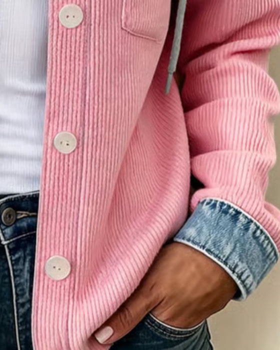 Hooded Ribbed Denim Patchwork Buttoned Coat