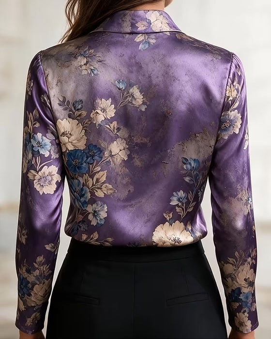 Lapel Draped Long-Sleeve Blouse