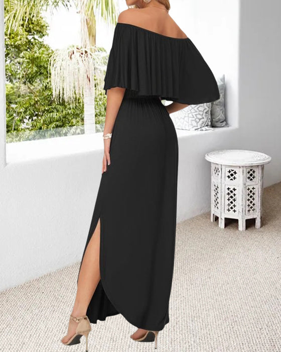Off-Shoulder Ruffle Slit Dress