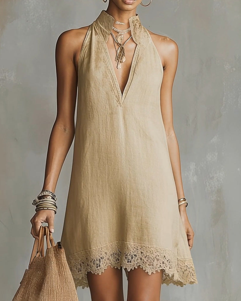 V-Neck Lace Trim Short Dress