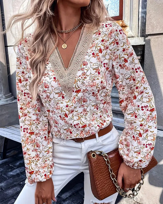 Casual V-Neck Printed Long-Sleeved T-Shirt