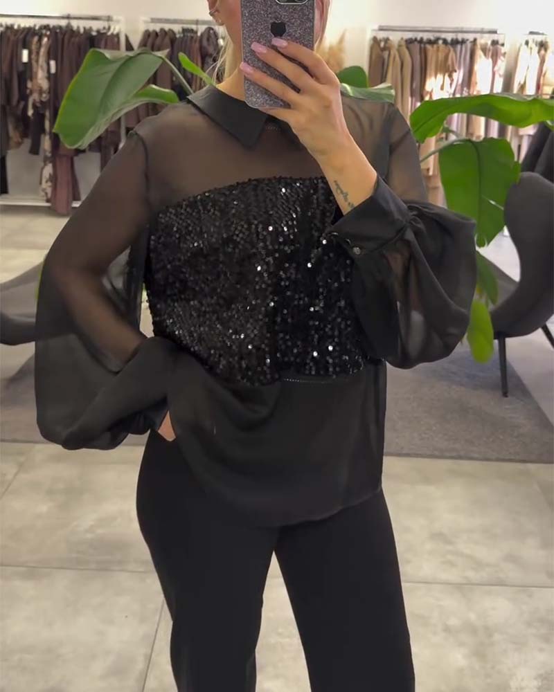 Solid Color Puff Sleeve Collar Blouse