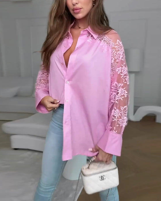 Elegant Lace Patchwork Lapel Shirt