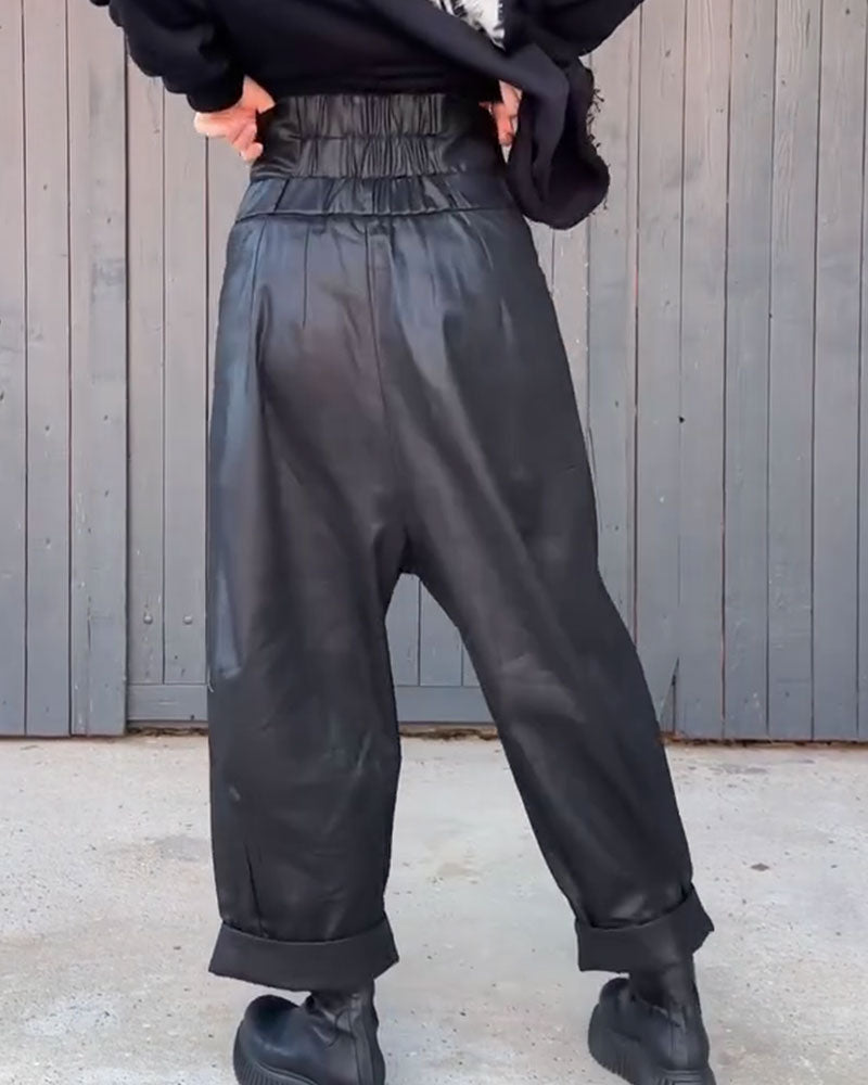 High Waist Wide Leg Rolled Hem Pants