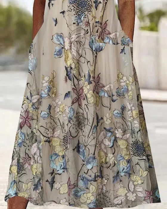 Lace Patchwork Floral Bird Print Dress