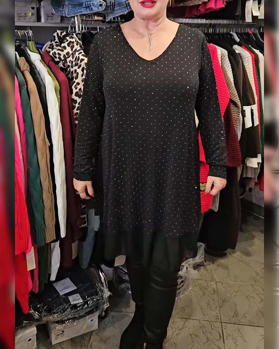 V-Neck Fine Glitter Mesh Patchwork Loose Dress