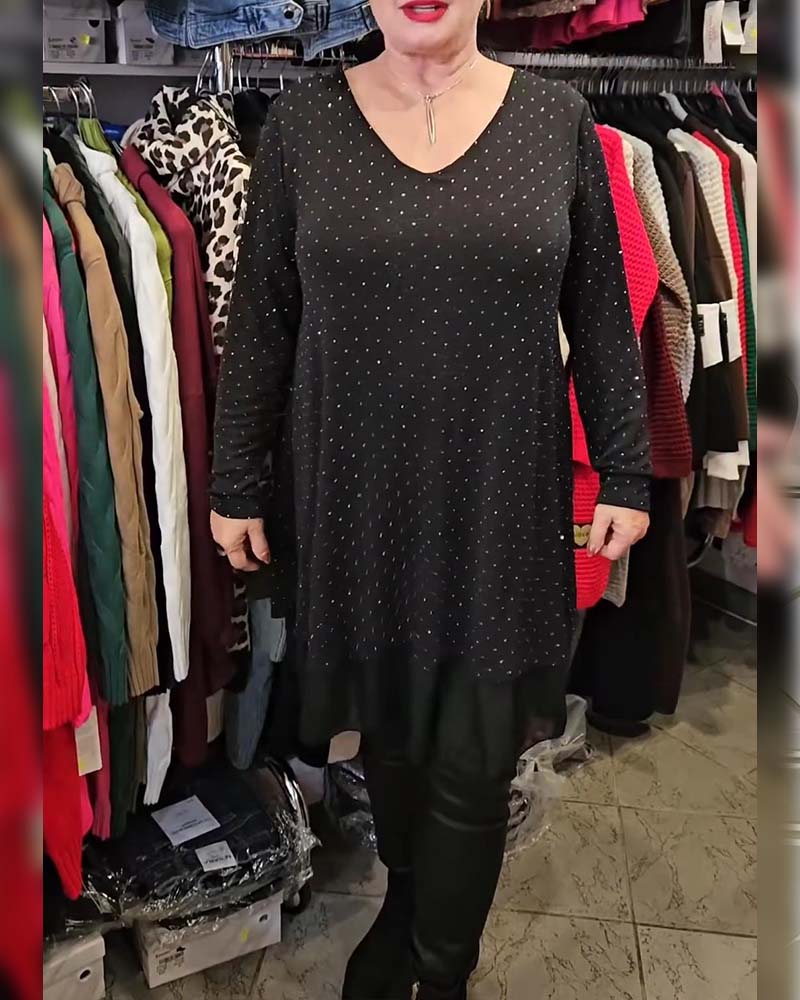 V-Neck Fine Glitter Mesh Patchwork Loose Dress