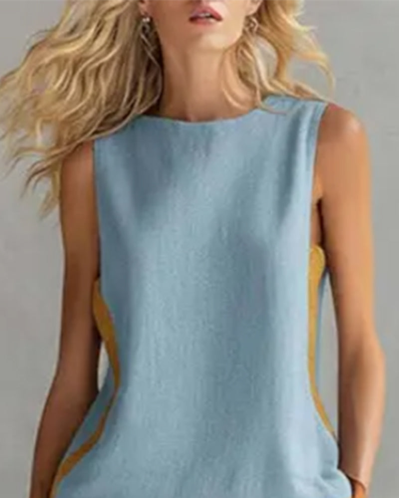 Sleeveless Casual Color-Blocked Two-Piece Set