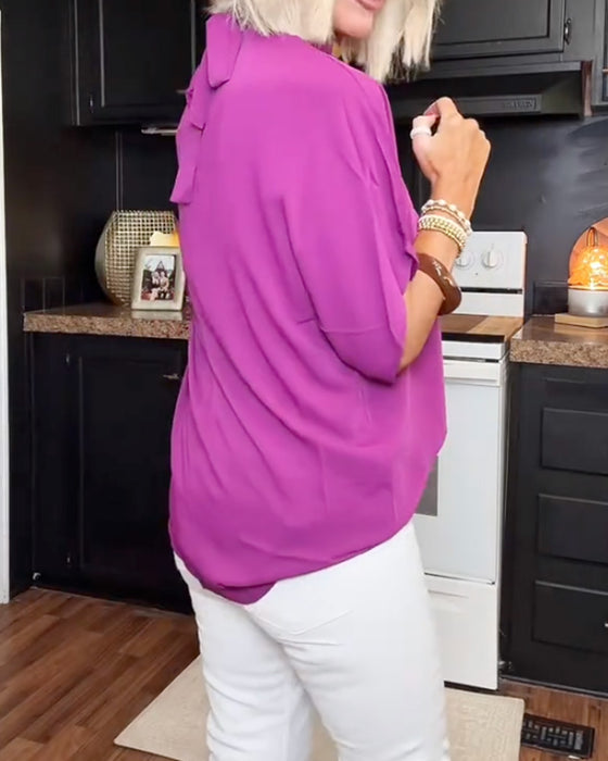 Mock Neck Loose Solid Blouse