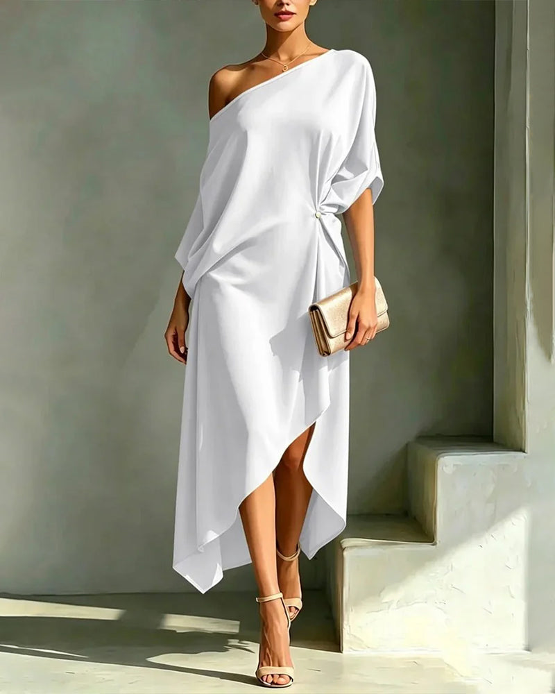 Off-Shoulder Shirred Irregular Solid Dress