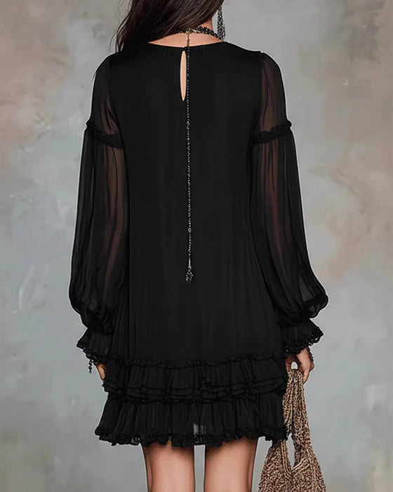 V-Neck Long Sleeve Ruffle Dress