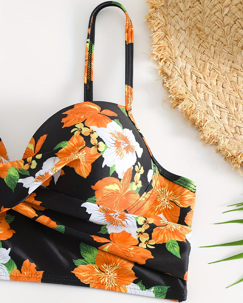Color Block Floral Print Gathered Tie Bikini