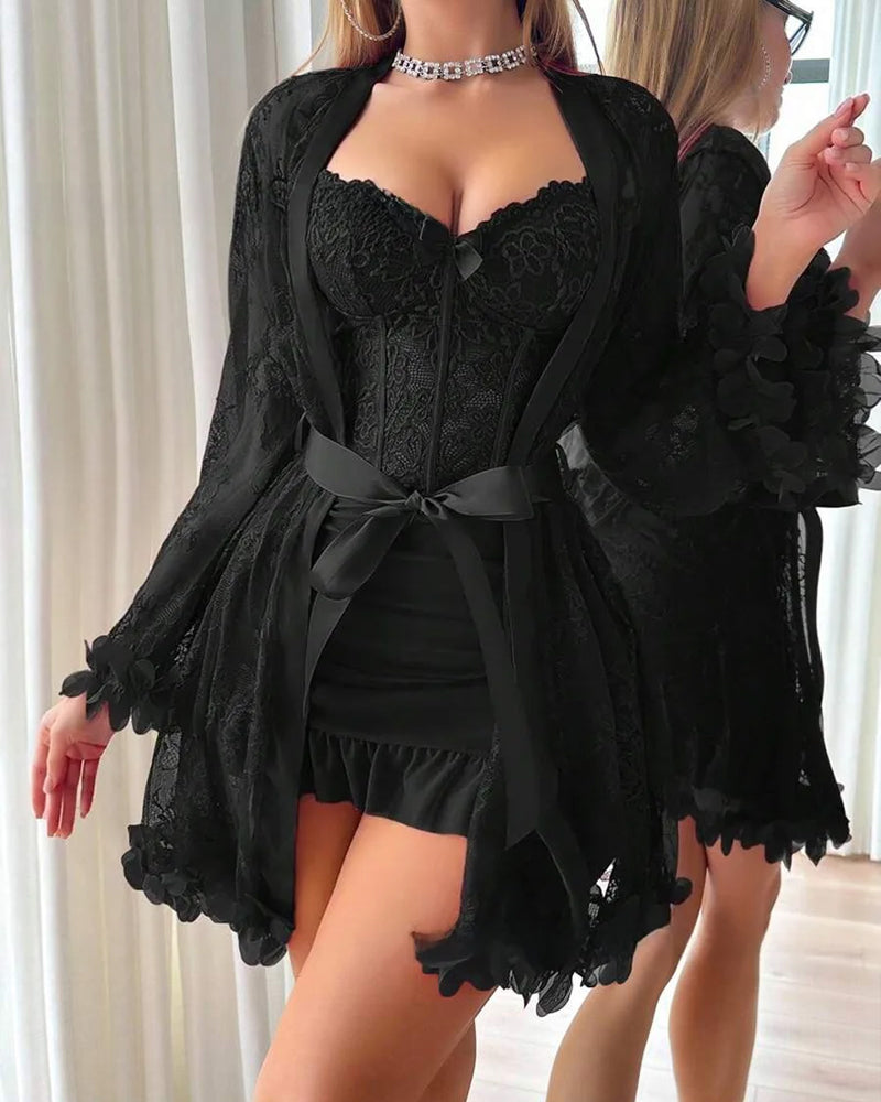 Lace Cover-Up Spaghetti Strap Lace Trim Pajama Dress