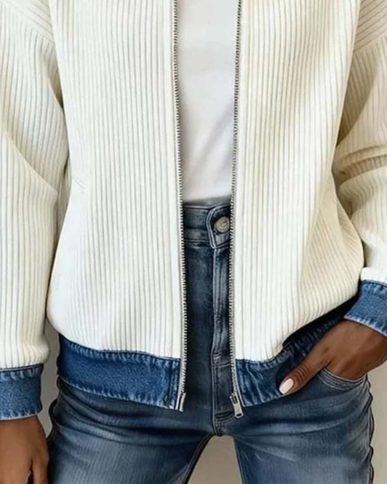 Lapel Zipper Denim Panel Coat