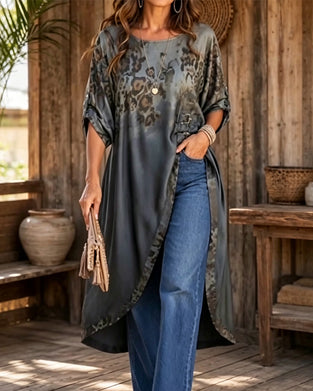 Round Neck Leopard Print Gradient Asymmetrical Blouse