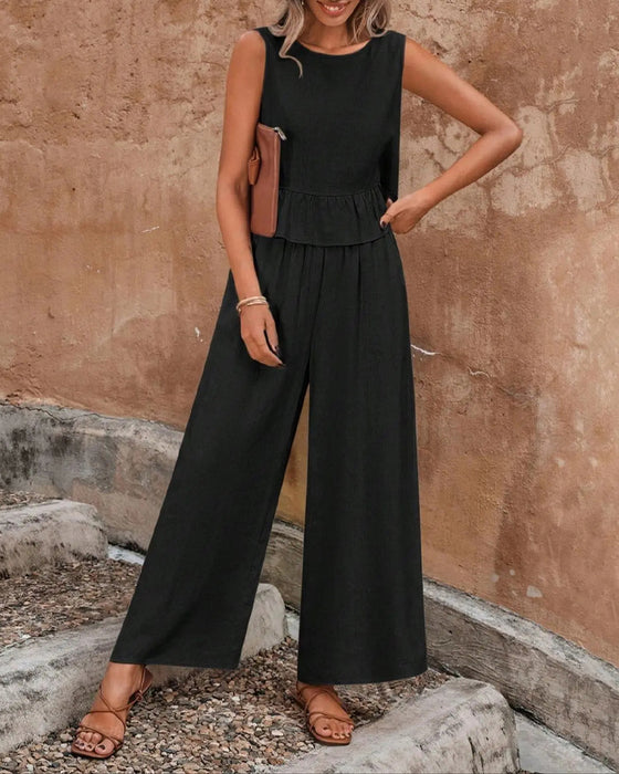 Sleeveless Round Neck Ruffle Wide Leg Set
