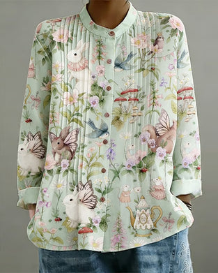 Mandarin Collar Print Accordion Pleat Long Sleeve Shirt