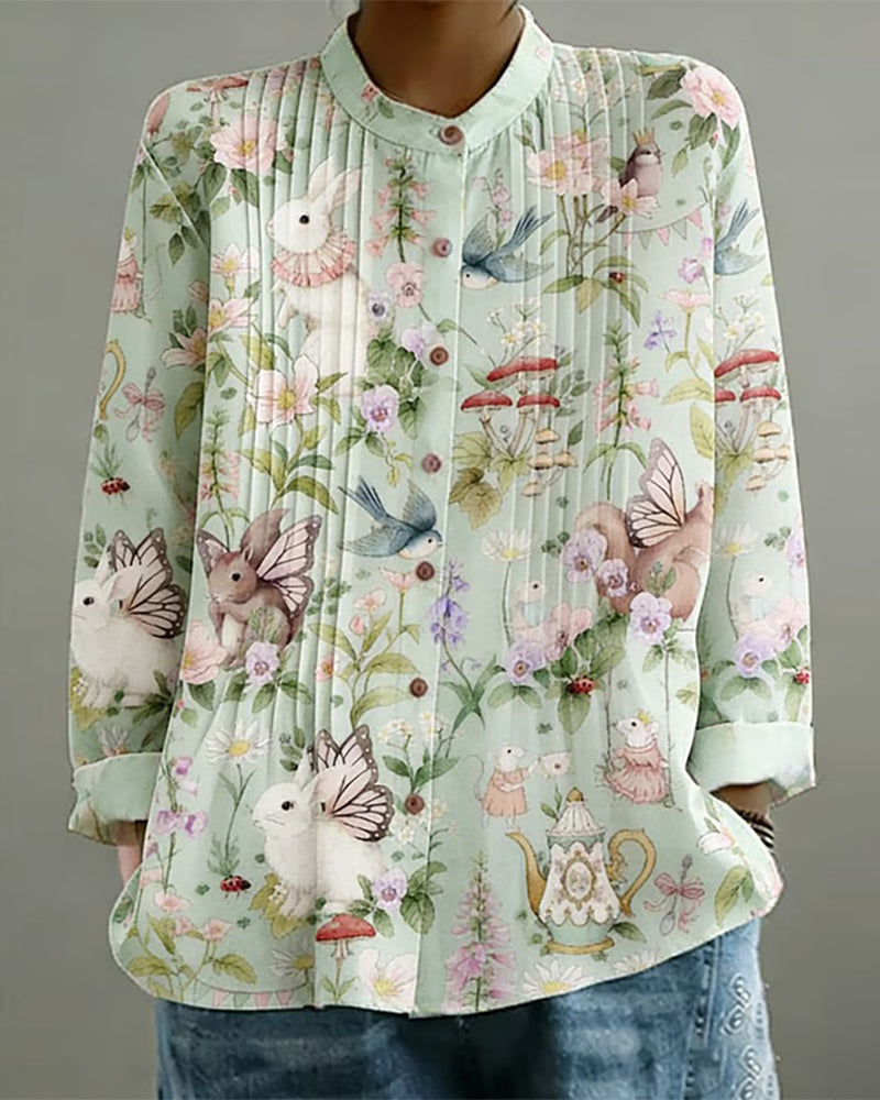 Mandarin Collar Print Accordion Pleat Long Sleeve Shirt