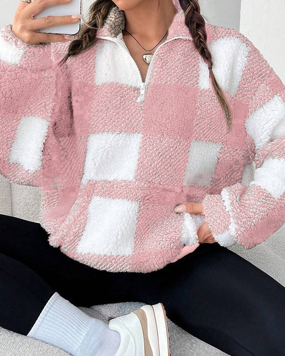 Half-Zip Stand Collar Plaid Sweatshirt