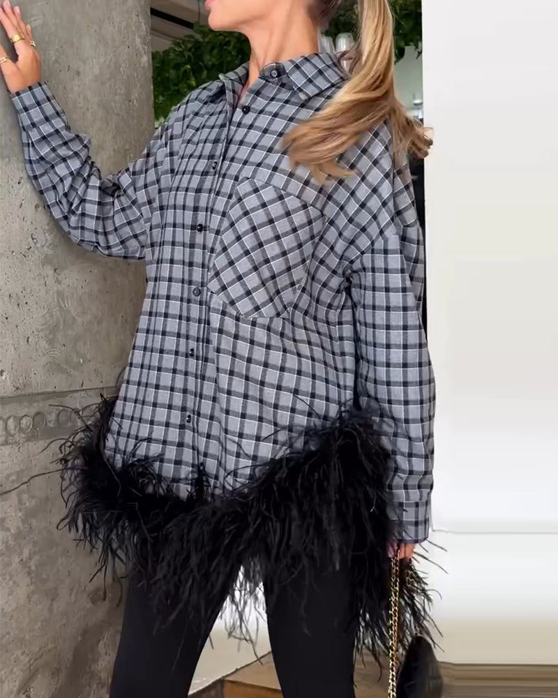 Ostrich Feather Trim Plaid Blouse