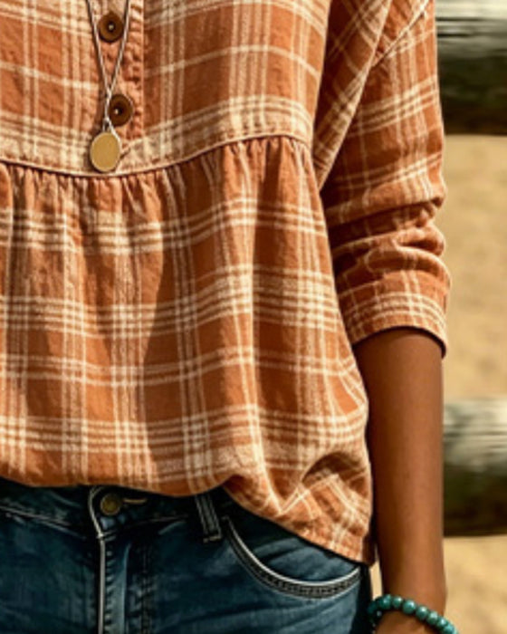 Vintage Plaid V-Neck Blouse