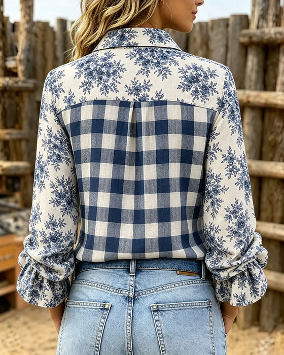 Floral Check Lapel Long Sleeve Shirt