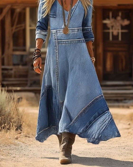 Retro V-Neck Long-Sleeved Printed Dress