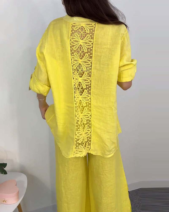 Solid color button pocket lace blouse wide leg pants set
