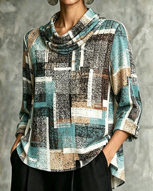 Geometric Print Slouchy Neck Elbow-Length Sleeve Blouse